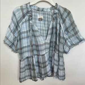 Anthropologie Blue and White Tiered Puff Sleeve Blouse